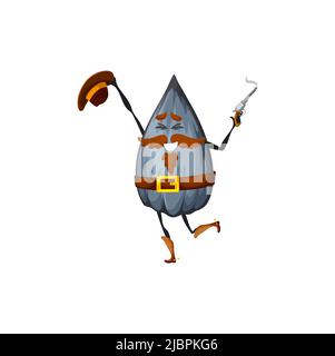 Cartoon sunflower seed cowboy with gun. Vector character of old american western or Wild West bandit, cute black seed of sunflower plant with happy smiling face waving cowboy hat and revolver Stock Vector