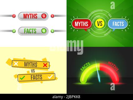 Myths vs facts, truth, false or true, fiction fake and reality, vector background with check icons. Myths vs facts and truth or false buster checkmarks and popup bubbles with true and false indicator Stock Vector