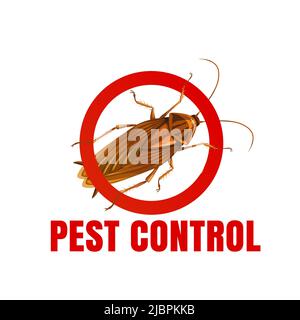 Pest control icon with cockroach. Bugs and insects extermination service vector emblem, label or icon cockroach in red circle. House disinfection and protection from parasites Stock Vector