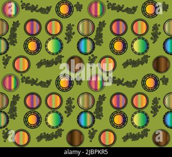 Repeating seamless surface pattern design with colored circles in snake skin design on green background. Graduating colors. Seamless surface pattern r Stock Photo