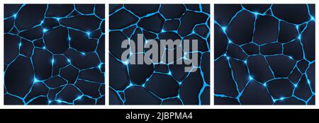 Cracked ground surface with blue magic glow seamless game textures. Abstract backgrounds with ruined land, dark stones with shiny light of plasma or molten lava in holes, Cartoon vector illustration Stock Vector