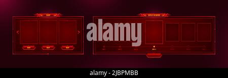 Hud frames for game shop and daily reward board. Vector cartoon illustration of gui design of red game screens with buttons and fire decoration isolated on background Stock Vector