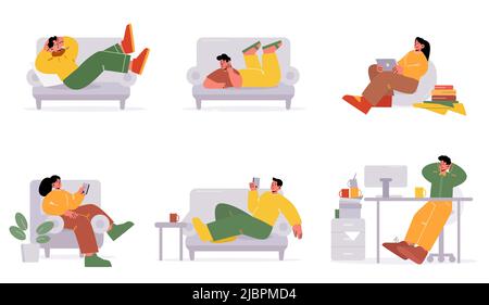 Lazy people relax on sofa at home. Man procrastinate and nap in office. Vector flat illustration of characters lying on couch with phone, rest, girl with laptop and books, person sleep at desk Stock Vector