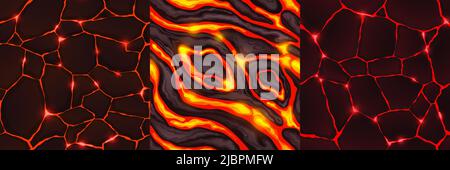 Textures of liquid lava flows and ground cracks with red light top view. Vector cartoon seamless patterns of hot molten magma surface, cracked rock with glow of fire inside Stock Vector