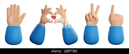 Human hands set in 3d cartoon style. Different fingers gesture for business and product concept. 3d high quality render isolated on white background. Stock Photo