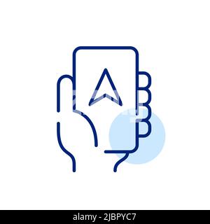 Hand holding a smartphone with a navigation app on it. Pixel perfect, editable stroke line art icon Stock Vector