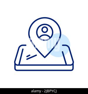 Mobile phone app sharing location. Maps or taxi ordering service. Pixel perfect, editable stroke line art icon Stock Vector