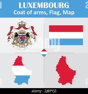 Luxembourg Coat of Arms, Flag and Map Stock Vector
