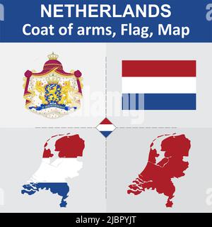 Netherlands Coat of Arms, Flag and Map Stock Vector