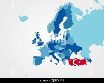 Illustration of a map of Europe with the state of Turkey in the appearance of the Turkey flag and Turkey ribbon isolated on a white background Stock Vector