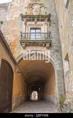 Marquis of Mirabel Palace plateresque balcony, Plasencia, Spain. Medieval street at Old town Stock Photo