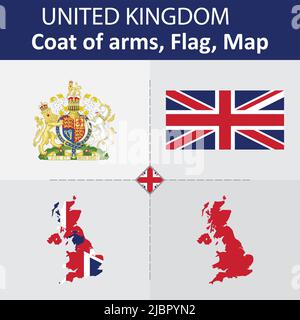 United Kingdom Coat of Arms, Flag and Map Stock Vector