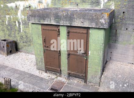 Big massive hermetic metal armored door of WW2 military bunker, the ...