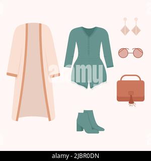 Boho clothing set. Boho style fashion outfit. Fashionable clothes. Stock Vector