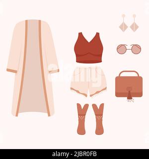 Boho clothing set. Boho style fashion outfit. Fashionable clothes. Stock Vector