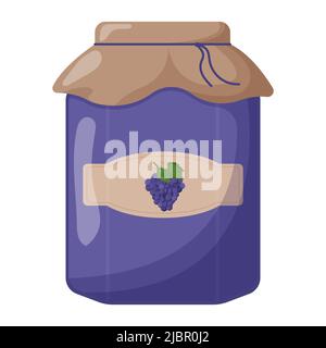 Glass jar of grape jam with closed lid. Cute vector illustration. Stock Vector