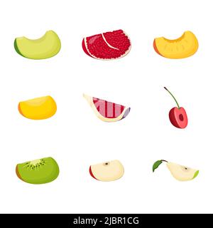 Set of fruit slices. Vegetarian food, healthy eating concept. Avocado, pomegranate, peach, mango, fig, cherry kiwi apple pear Flat vector illustration Stock Vector
