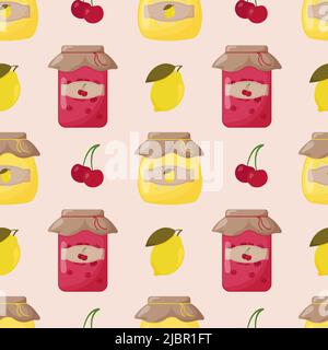 Glass jars of jam made of cherry and lemon with a closed lid seamless pattern. Cute vector illustration. Stock Vector