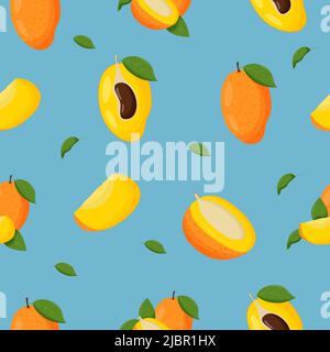 Mango with green leaves seamless pattern. Flat vector illustration. Stock Vector