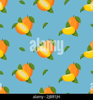 Mango with green leaves seamless pattern. Flat vector illustration. Stock Vector