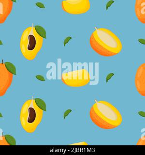 Mango with green leaves seamless pattern. Flat vector illustration. Stock Vector