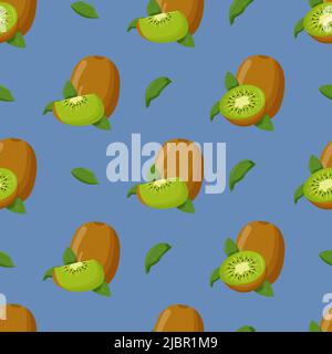 Kiwi with green leaves seamless pattern. Flat vector illustration. Stock Vector