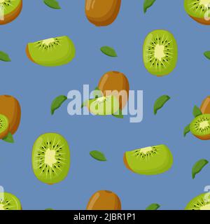 Kiwi with green leaves seamless pattern. Flat vector illustration. Stock Vector