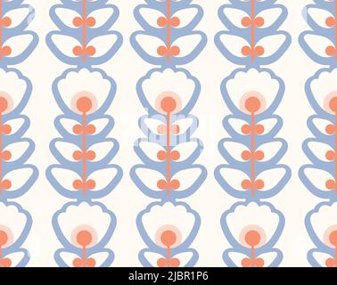 Seamless retro pattern with white geometric flowers with blue contour on white background. Vector floral texture in the style of the sixties in pastel Stock Vector