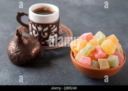 Traditional Turkish delight and Turkish coffee Stock Photo