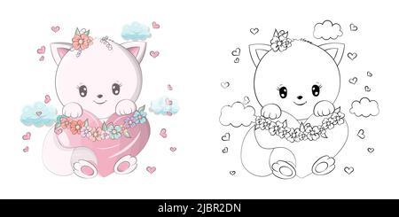 Cute Clipart Cat Illustration and For Coloring Page. Clip Art Cat with a Sick Heart in its Paws. Stock Vector