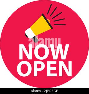 Now open label on white background. Now open banner with the megaphone speaker icon sign. red banner now open with megaphone symbol. flat style. Stock Photo