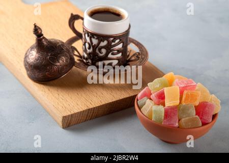 Traditional Turkish delight and Turkish coffee Stock Photo