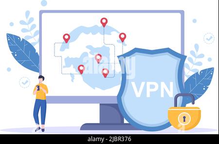 VPN or Virtual Private Network Service Cartoon Vector Illustration to Protect, Cyber Security and Secure his Personal Data in Smartphone or Computer Stock Vector