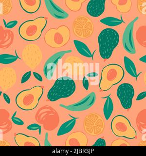 Exotic fruit seamless pattern in hand drawn style. Vector repeat background for colorful summer fabric. Fruit poster with banana, lemon, peach and avo Stock Photo