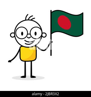 Man holding flag of Bangladesh isolated on white background. Hand drawn doodle line art man. Concept of country. Vector stock illustration Stock Vector