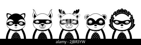 Cute super hero character animals. Desing for kids t-shirts, nursery decoration, greeting cards. Cute character in scandinavian style. Black and white Stock Vector