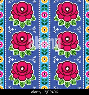 Indian and Pakistatni traditional truck art vector seamless vertical pattern with roses and leaves on navy blue background, Diwali vibrant design Stock Vector