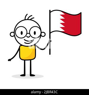 Man holding flag of Bahrain isolated on white background. Hand drawn doodle line art man. Concept of country. Vector stock illustration Stock Vector
