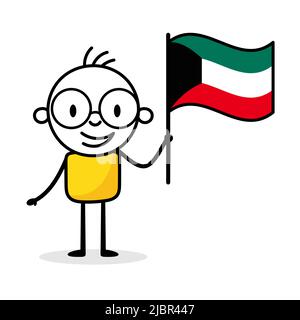 Man holding flag of Kuwait isolated on white background. Hand drawn doodle line art man. Concept of country. Vector stock illustration Stock Vector