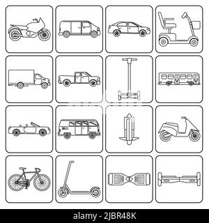 Collection of different transport icons in line art style, isolated on white. City transportation symbols set. Stock Vector