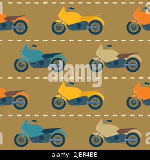 Seamless pattern with colorful motorcycles in flat style on the road Stock Vector