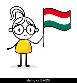 Woman holding flag of Hungary isolated on white background. Hand drawn doodle line art man. Concept of country. Vector stock illustration Stock Vector