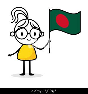 Woman holding flag of Bangladesh isolated on white background. Hand drawn doodle line art man. Concept of country. Vector stock illustration Stock Vector