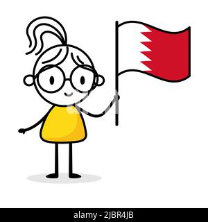 Woman holding flag of Bahrain isolated on white background. Hand drawn doodle line art man. Concept of country. Vector stock illustration Stock Vector