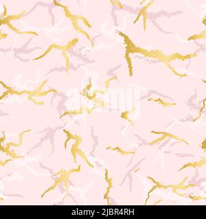 Pink marble with golden veins seamless pattern vector illustration. Beautiful shining background. Print for packaging, fabric, textile, paper, design. Stock Vector
