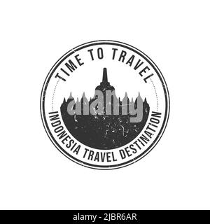 Grunge rubber stamp with the text Borobudur travel destination written inside the stamp. Time to travel. Silhouette borobudur temple indonesia histori Stock Vector