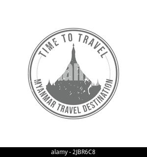 Grunge rubber stamp with the text Myanmar travel destination written inside the stamp. Time to travel. Silhouette of Shwedagon Pagoda temple Myanmar h Stock Vector