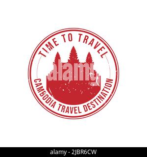 Grunge rubber stamp with the text Cambodia travel destination written inside the stamp. Time to travel. Silhouette of ANGKOR WAT temple Cambodia histo Stock Vector