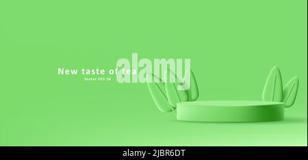 Product show case podium, 3d. green mono chrome cylinder stage with 3d render leaves. Vector illustration Stock Vector