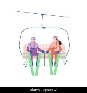 Pair of cartoon skiers in ski elevator isolated on white background. Mountain skiing sportsman characters with goggles and ski suit. Stock Photo